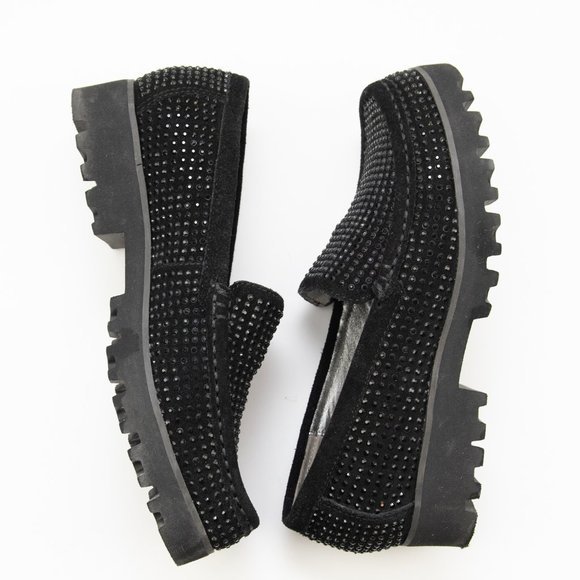 Donald J Pliner Rio Loafers Crystal Embellished Chunky Suede Shoes Black SIze 6 - Picture 5 of 8